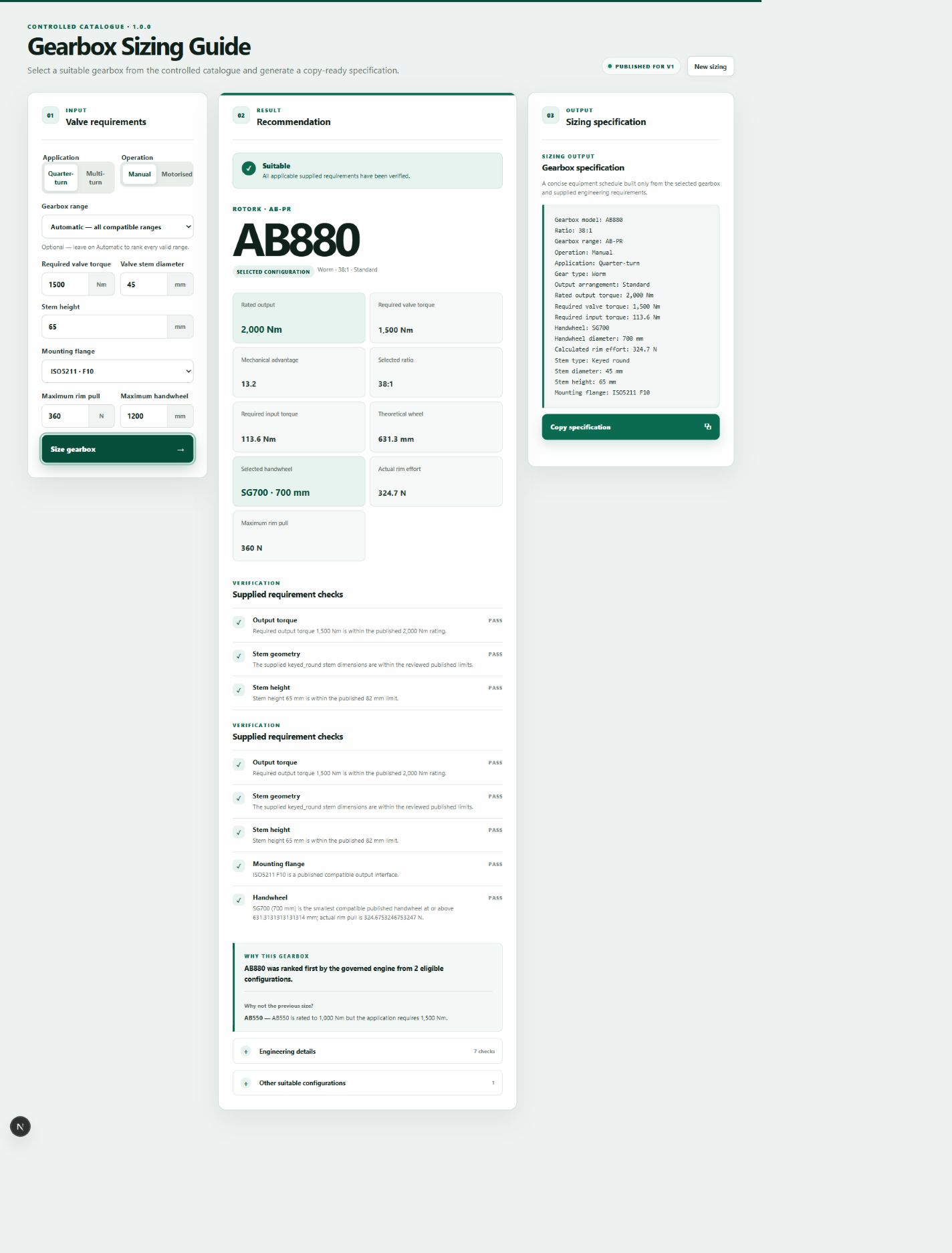 Gearbox Sizing Guide showing a suitable governed selection and engineering checks