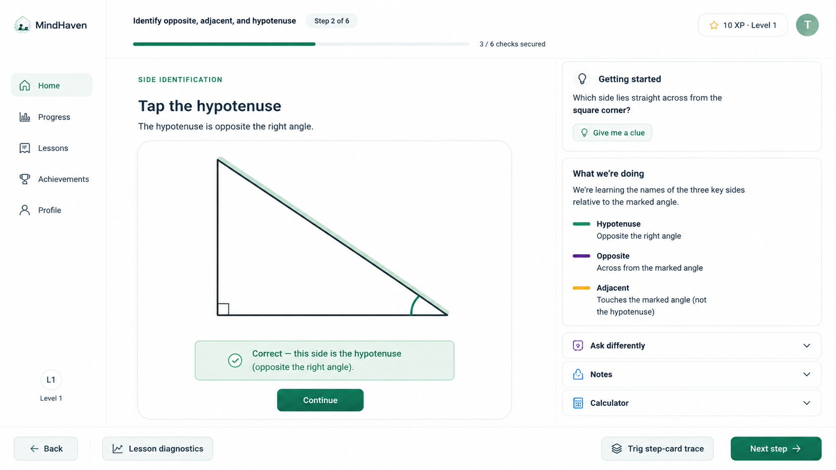 Mindhaven trigonometry lesson showing a learner selecting the hypotenuse of a right-angled triangle