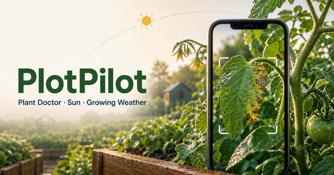 PlotPilot overview showing plant health, sun and growing weather features