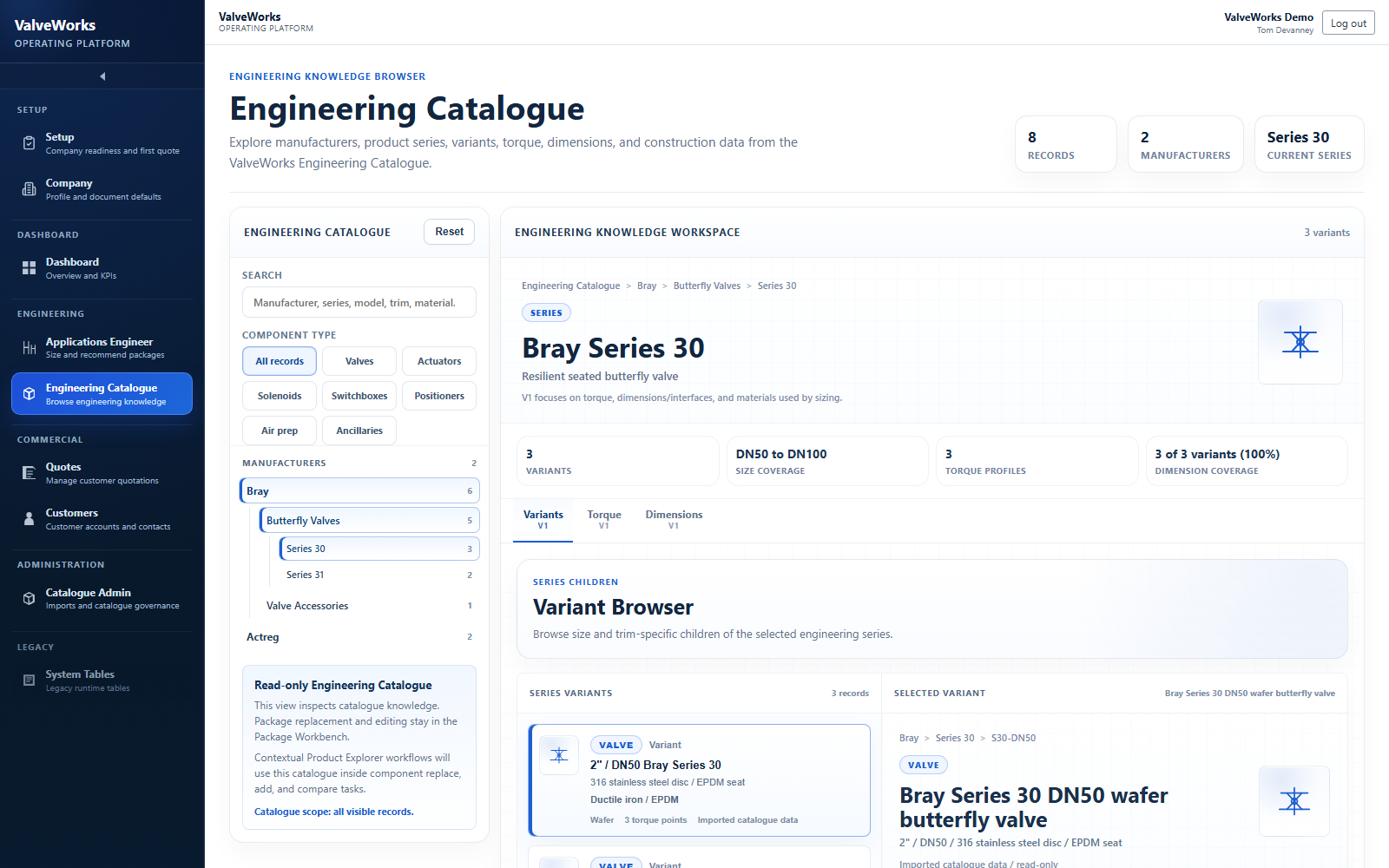 Governed engineering product data in the ValveWorks catalogue interface